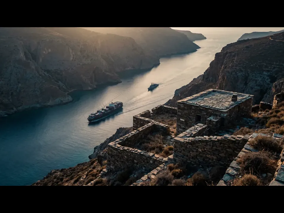 Illustration of a cargo ship in a narrow sea lane below stone ruins