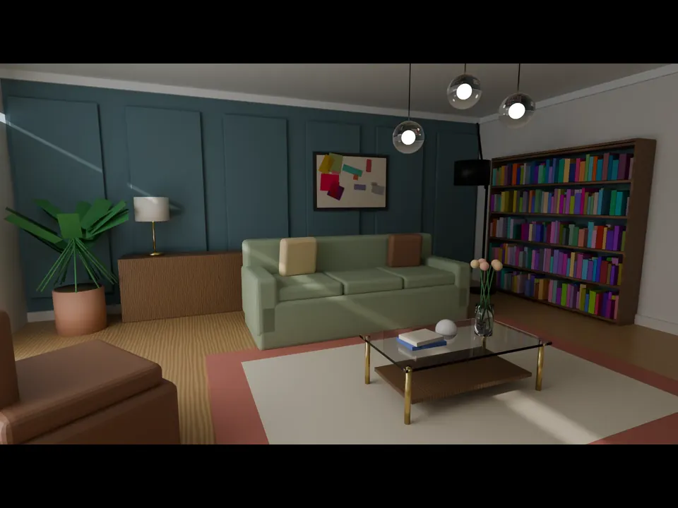 Rendered interior of a quiet living room in afternoon light