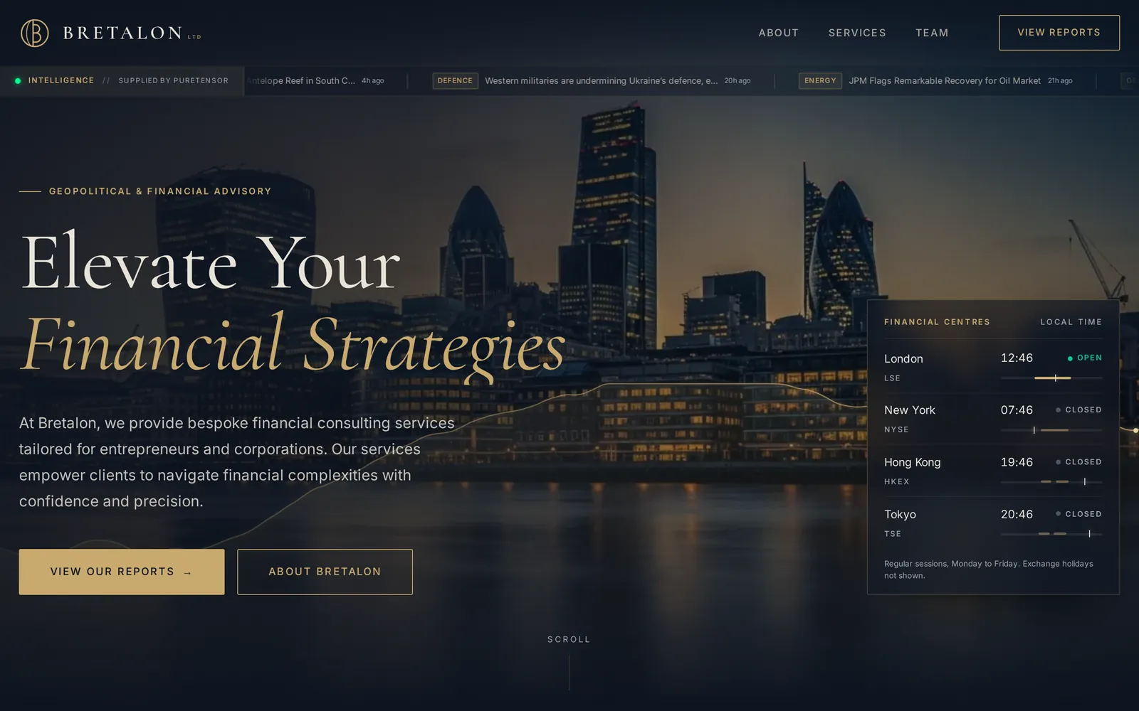 bretalon.com: a full-height London skyline banner with a gold market line and a live clock for London, New York, Hong Kong and Tokyo