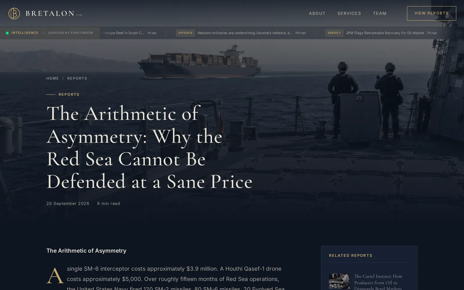 A Bretalon article page: a large serif headline over a full-width illustration of a container ship passing a naval patrol