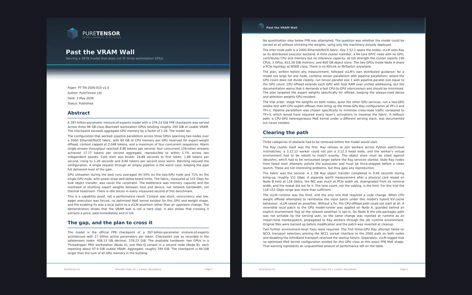 Two pages from a PureTensor technical note: the title page and the following page, set in a clean serif