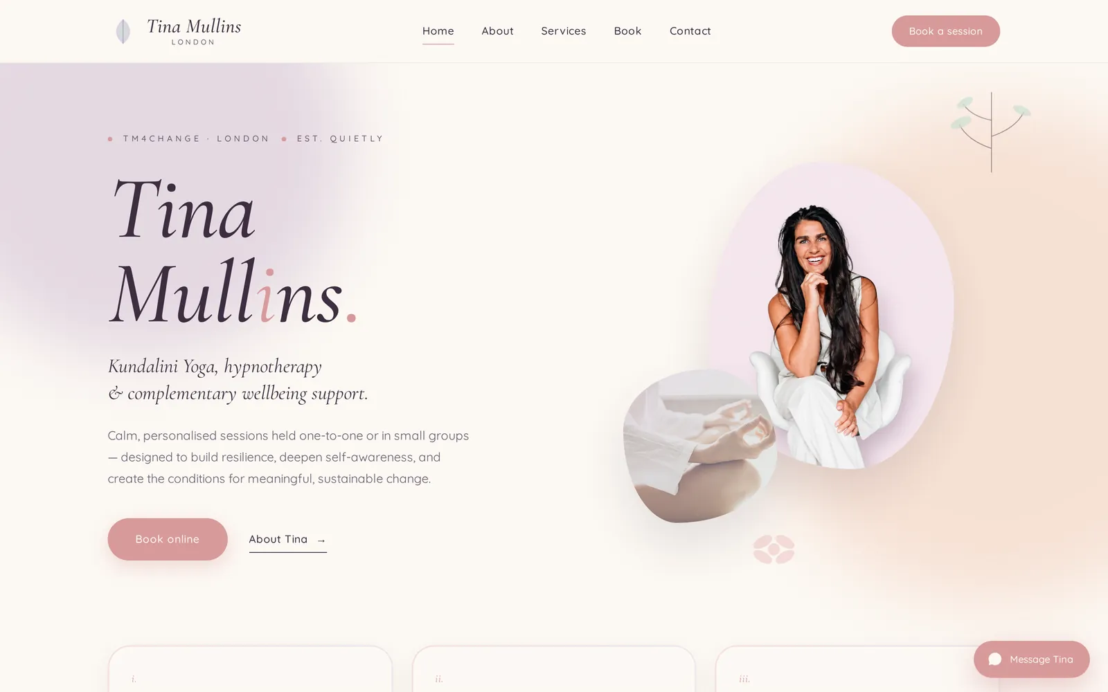 tinamullins.com: a pale watercolour homepage with a booking call to action